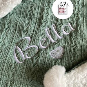 PERSONALISED BABY cable knit BLANKET -Italic name embroidered pom pom/sherpa reverse