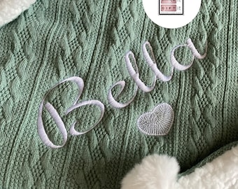PERSONALISED BABY cable knit BLANKET -Italic name embroidered pom pom/sherpa reverse