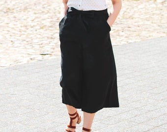 Black Linen Culottes / Lounge Linen Trousers / Linen Pants With Elastic Waist / Wide Leg Trousers