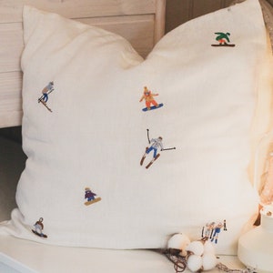 White linen pillow case winter sports, Embroidered cushion cover with zipper, Washed linen pillow cover, custom skiing snowboarding gift