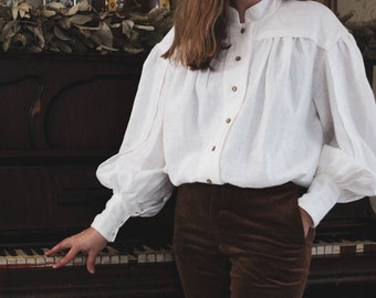 Victorian Blouse with Puffy Sleeves / Light Academia Poet Shirt / Edwardian White Linen Shirt / Cottagecore Linen Blouse / Academia Clothing