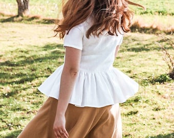 White linen peplum blouse, Summer Linen top, Natural Linen shirt, Vintage linen blouse, retro style linen top, Summer linnen clothing