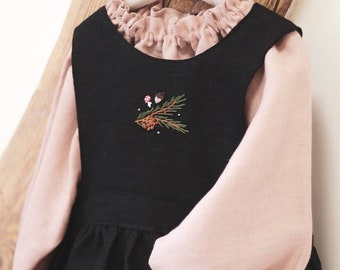 Dreamy linen apron dress for girls/ Kids linen pinafore dress with hand embroidered Woodland elements