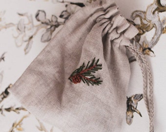 Christmas drawstring linen bags with hand embroidery/ Embroidered linen pouch / Linen gift bag /Christmas Flax Pouch Bag