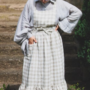 Delantal de lino estilo eduardiano, delantal con volantes a cuadros para mujer, delantal vintage estilo cottagecore, delantal de lino natural hecho a mano, delantal largo festivo