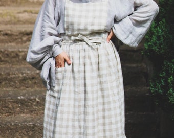 Edwardian Style Linen Apron, Plaid Ruffled Apron for Women, Vintage Cottagecore Pinafore, Handmade Natural Linen Apron, Festive long apron