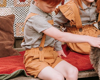 Light Brown Pure Linen Boy Shorts, Natural Linen Toddler Shorts with Suspenders, Linen clothes for Children