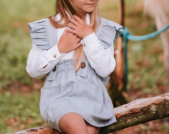 Sky blue linen pinafore for girls, Linen skirt with pockets for girls / Linen Easter outfit for kids