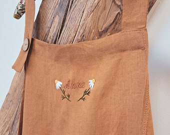 Tabliers en lin personnalisés pour femmes, tablier de broderie personnalisé avec marguerites, tablier de cuisine prénom, tablier de jardinage, cadeau de fête des mères, cadeau de chef