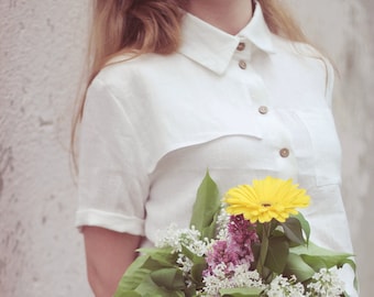 Linen Women Blouse / White Summer Shirt / Short Sleeves White Linen Shirt / Linen Clothing / Linen Blouse / Soft Linen Shirt/ Classic Collar