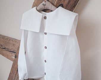 White linen kids shirt, natural linen shirt with sailor collar, white linen boy shirt, Christmas outfit, Linen Baptism outfit