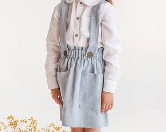 Ready to ship Sky blue linen pinafore for girl, Linen summer skirt for girls, Linen summer clothes for kids