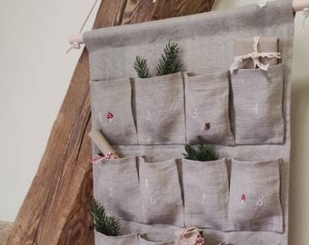 Rustic Advent Calendar with  Hand Embroidered Details from Natural  Linen, Large Advent Calendar with Big Pockets, Rustic Christmas calendar