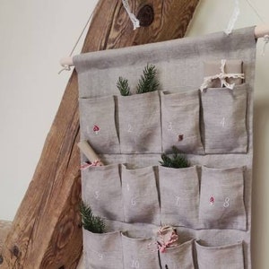 Rustic Advent Calendar with  Hand Embroidered Details from Natural  Linen, Large Advent Calendar with Big Pockets, Rustic Christmas calendar