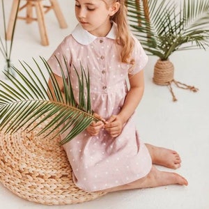 Ash Pink Polka Dots Linen Dress with charming Peter Pan Collar, Summer Linen Dress for Girls, Linen baby girl first birthday dress