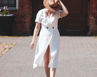 Linen Summer Dress /Wrap Linen Dress/  Sustainable White Linen Dress/ Coastal Cottage Linen Dress / Cottagecore Linen Dress