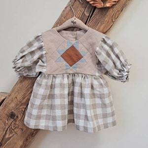 Patchwork linen top for kids, Checkered linen girl tunic with patchwork quilt star, Linen cottagecore blouse for girls image 1