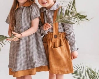 Summer linen set for girls, autumn linen set for girls , Linen shirt for kids, Linen pinafore for girls, Back to school outfit , Linen skirt