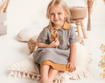 Gingham Linen Dress for Girl / Girl Cottagecore Linen Dress / Natural Linen Baby Dress with Peter Pan Collar