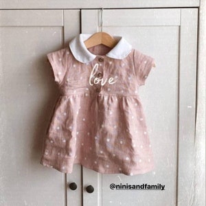 Ash Pink Polka Dots Linen Dress with charming Peter Pan Collar, Summer Linen Dress for Girls, Linen baby girl first birthday dress