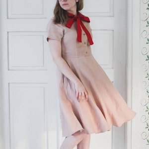 Blush pink linen dress, Fit and Flare Dress from Lithuanian linen, Cottagecore linen dress with bow, Linen dress with Peter Pan collar