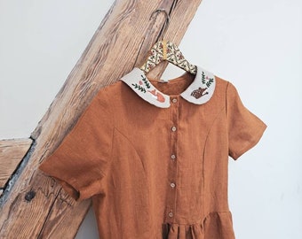 Linen Women's Dress with handmade embroidery,  Cottagecore linen dress in rusty brown color, Whimsical hand embroidered dress