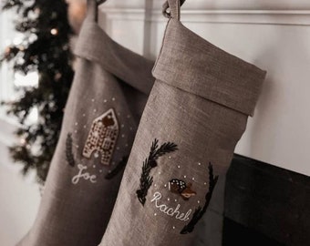 Rustic Linen Christmas Stocking With Hand Embroidered Fawn, Personalized Natural Linen Christmas Stocking, Woodland Christmas Stocking