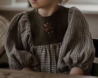 Checkered linen kids' blouse, Hand embroidered Woodland inspired tunic with puffy sleeves for girls, Linen baby blouse with balloon sleeves