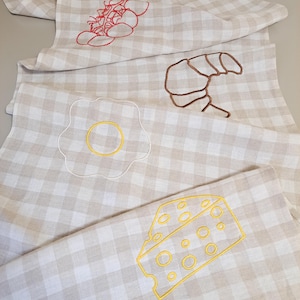 Personlig linneduk, bordslöpare, broderad italiensk frukostdesign, modern inredning i mitten av århundradet, lekfull matduk