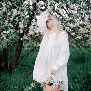 Natural linen summer dress with beautiful large collar / white shirt linen dress / White linen cottagecore dress image 3