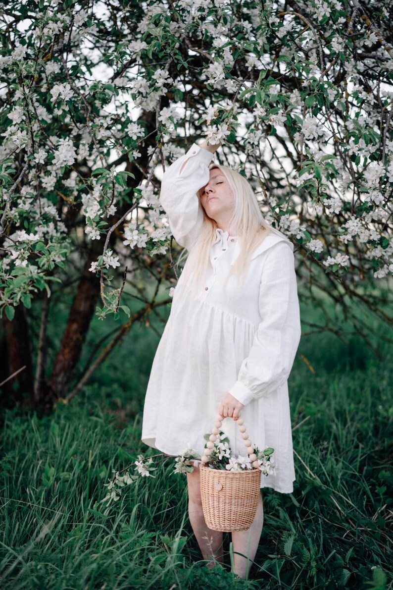 Natural linen summer dress with beautiful large collar / white shirt linen dress / White linen cottagecore dress image 3