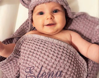 Toalla de bebé de lino con diseño de orejas de conejo personalizada, toalla de baño con capucha