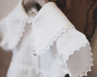 Vestido de lino blanco para bautizo – Ropa orgánica para bebé niña para el verano, vestido de lino con encaje estilo cottagecore vintage para bautizo