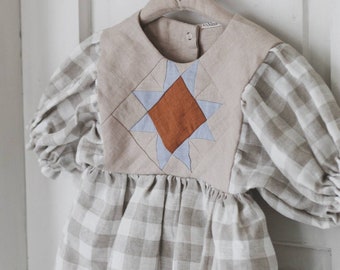 Linen baby girl outfits, Checkered linen kids' blouse, Patchwork quilt linen set for girls, Cottagecore baby outfit for kids from linen