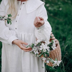 Natural linen summer dress with beautiful large collar / white shirt linen dress / White linen cottagecore dress image 4