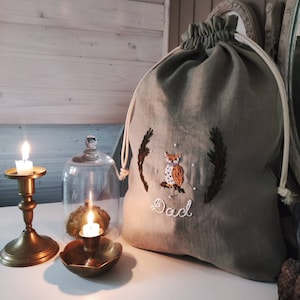 Woodland Drawstring Linen Sack With Hand Embroidered Owl/ Reusable Embroidered Linen Pouch / Linen Toy Storadge Bag
