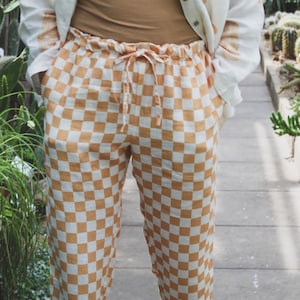 Relaxed Linen pants, cropped linen pants in burnt orange color, Checkered linen pants, Gingham Linen Trousers, handmade elastic waist pants image 5