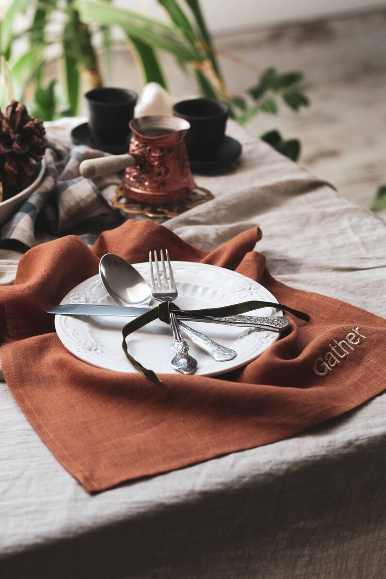 A set of burnt orange linen napkins with embroidery / Thanksgiving table decor / Washed linen dinner cloth napkins / Thanksgiving gift image 9