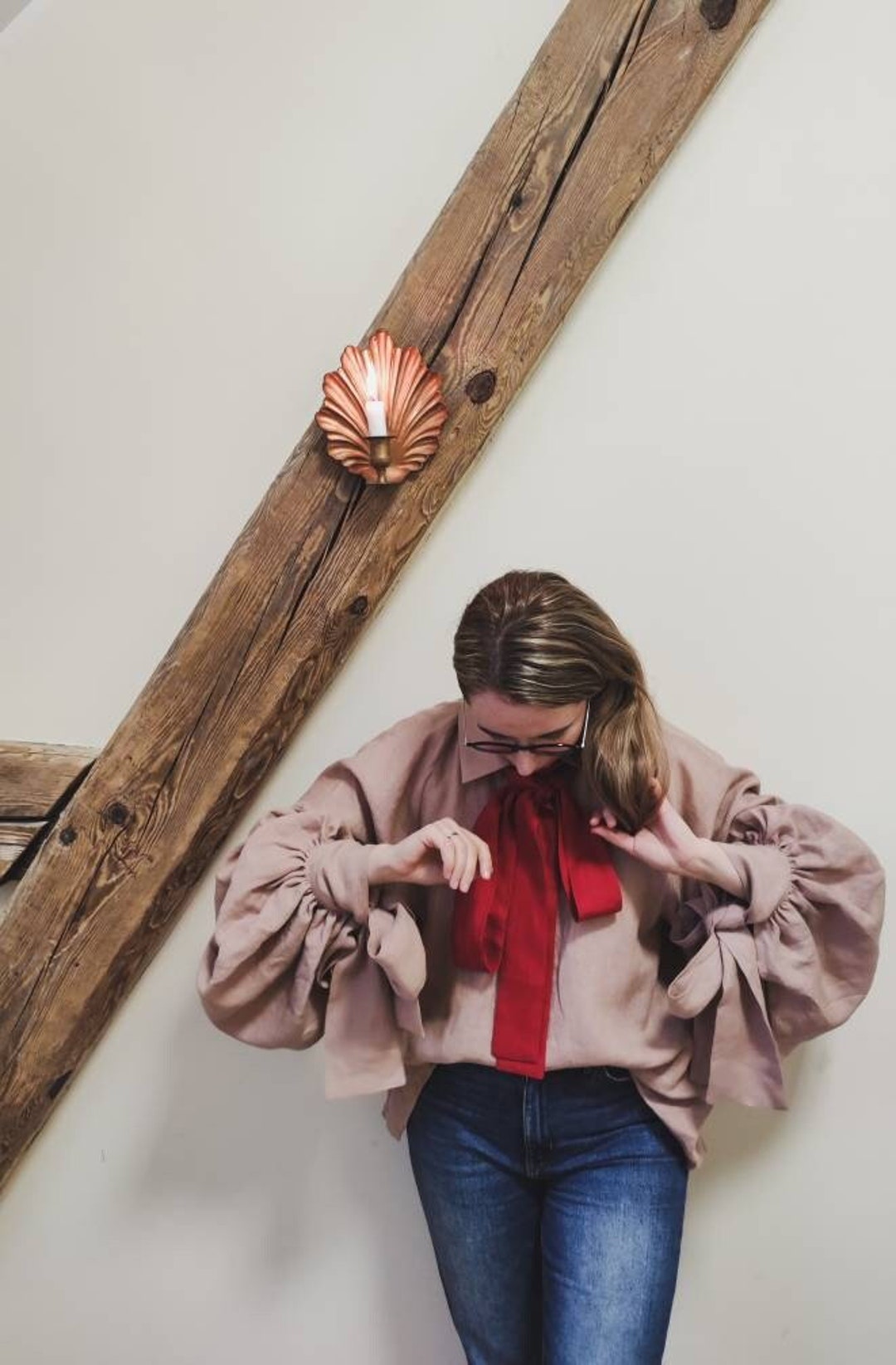 トップス linen ribbon puff blouse bou.design Linen Blouse With Bow / Victorian Shirt With Flattering Large