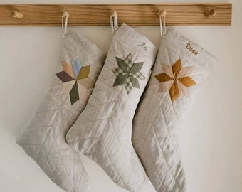 Linen Patchwork star quilt stocking / Rustic linen Christmas stocking/ Kids Christmas stocking with modern patcwork quilt