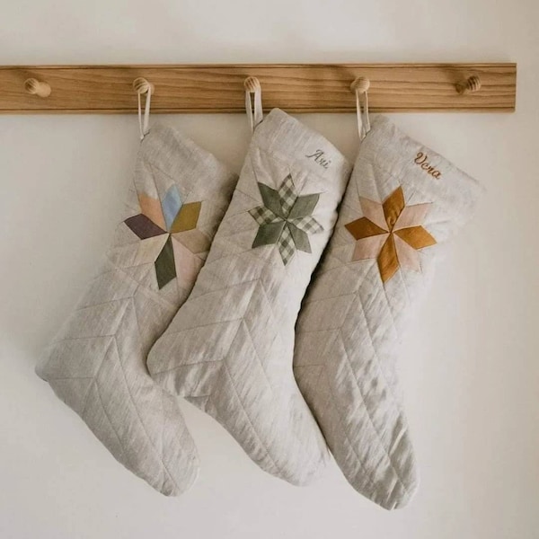 Quilted Christmas Stocking with Rustic Traditional Patchwork Star and Custom Name Embroidery Personalization