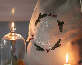 Christmas Drawstring Linen Sack With Hand Embroidered Family name/ Reusable Embroidered Linen Pouch / Christmas gifts sack