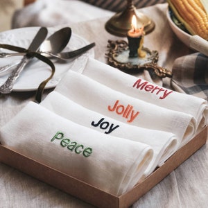 A set of pure white linen napkins with embroidery / Christmas table decor /  Washed linen dinner cloth napkins / Christmas gift