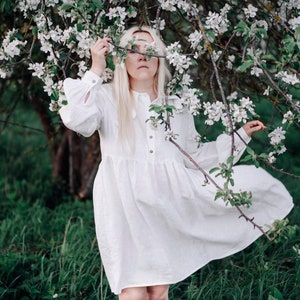 Natural linen summer dress with beautiful large collar / white shirt linen dress / White linen cottagecore dress image 1