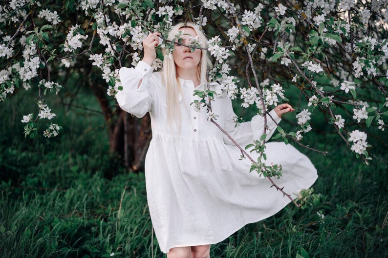 Natural linen summer dress with beautiful large collar / white shirt linen dress / White linen cottagecore dress image 1