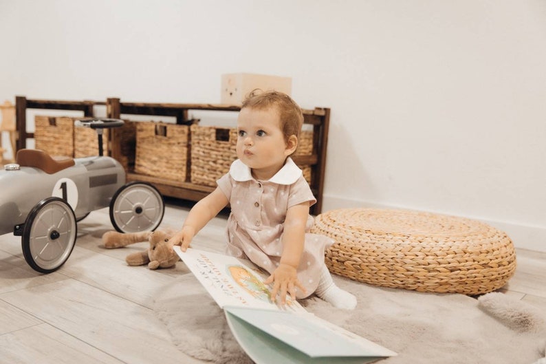 Ash Pink Polka Dots Linen Dress with charming Peter Pan Collar, Summer Linen Dress for Girls, Linen baby girl first birthday dress image 5