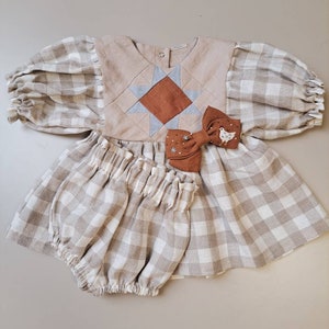 Patchwork linen top for kids, Checkered linen girl tunic with patchwork quilt star, Linen cottagecore blouse for girls image 4