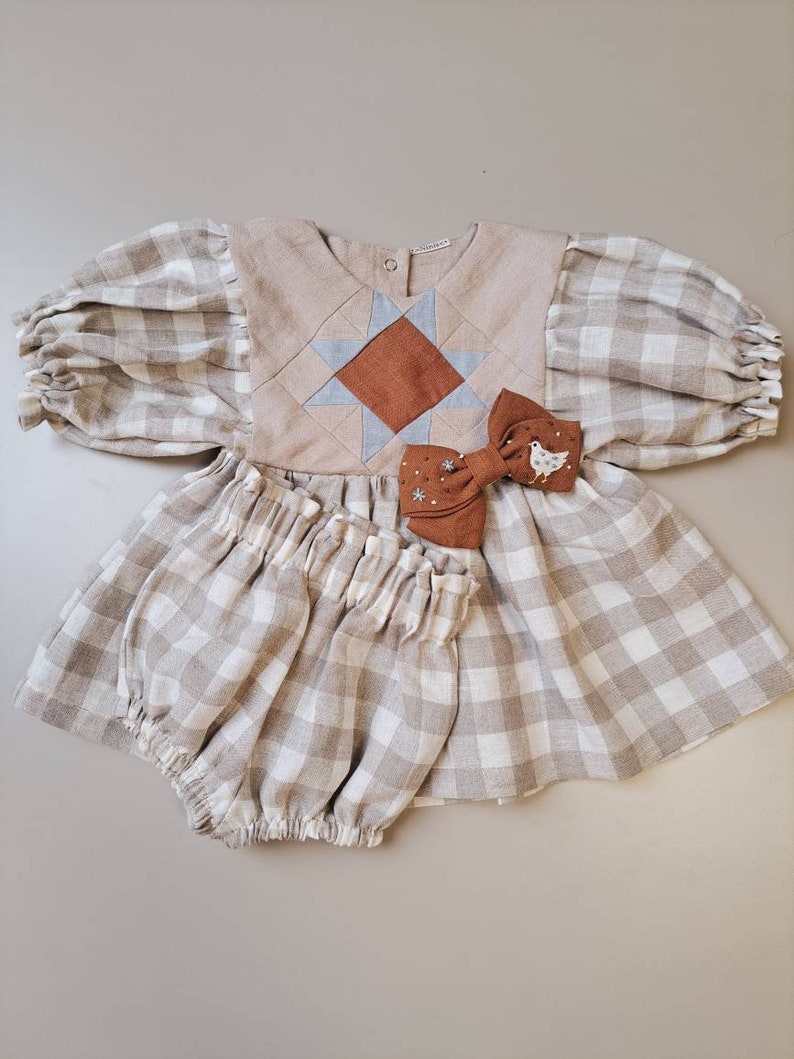 Patchwork linen top for kids, Checkered linen girl tunic with patchwork quilt star, Linen cottagecore blouse for girls image 4