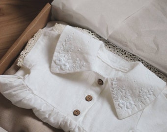 Linen Baptism Outfit Set for Girl, A Set Of Hand Embroidered White Linen Dress and Bloomers