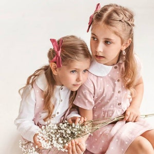 Ash Pink Polka Dots Linen Dress with charming Peter Pan Collar, Summer Linen Dress for Girls, Linen baby girl first birthday dress image 9